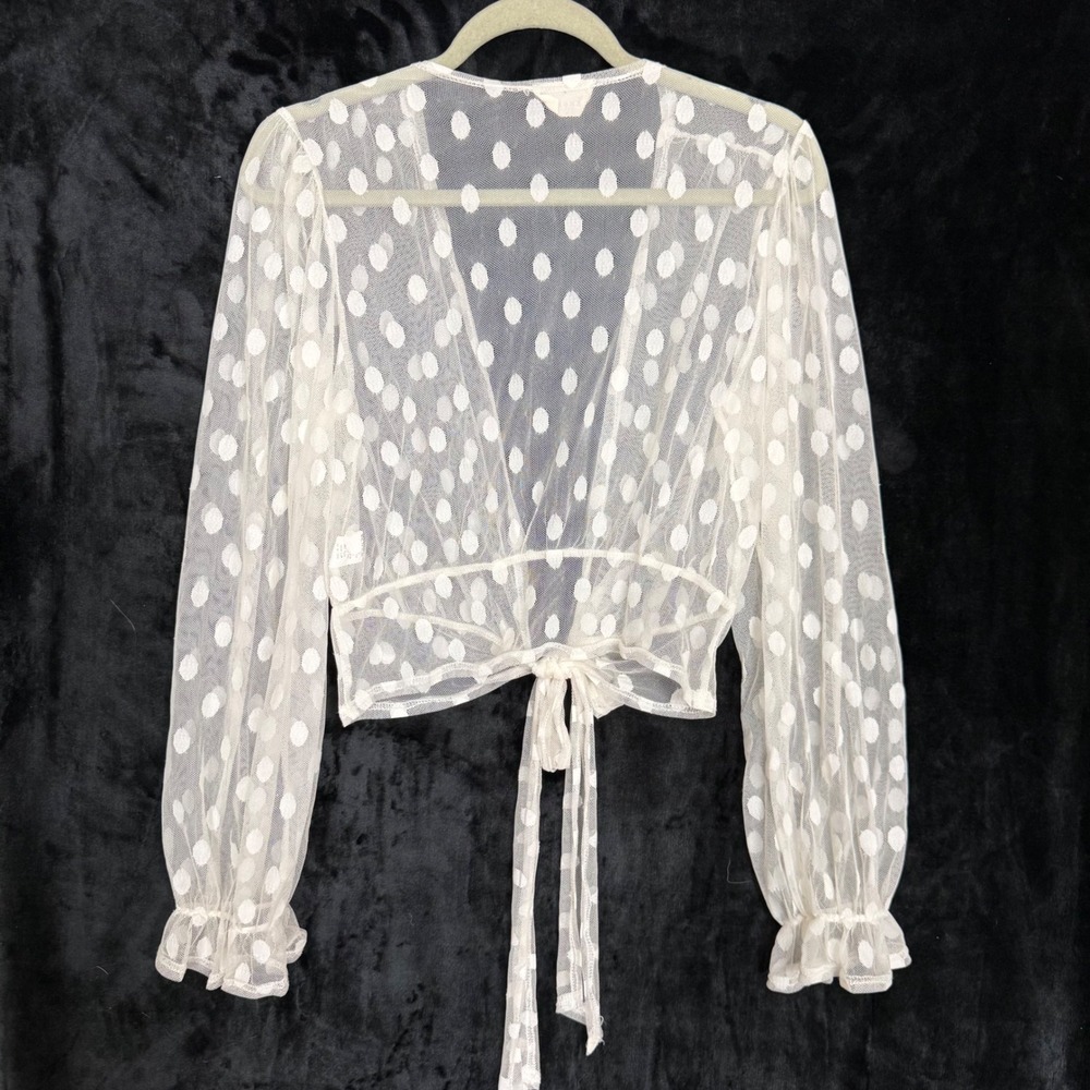 Sheer Polka Dot Tie Front Crop Top Festival Boho Y2K Blouse Chic Size L - Picture 3 of 7